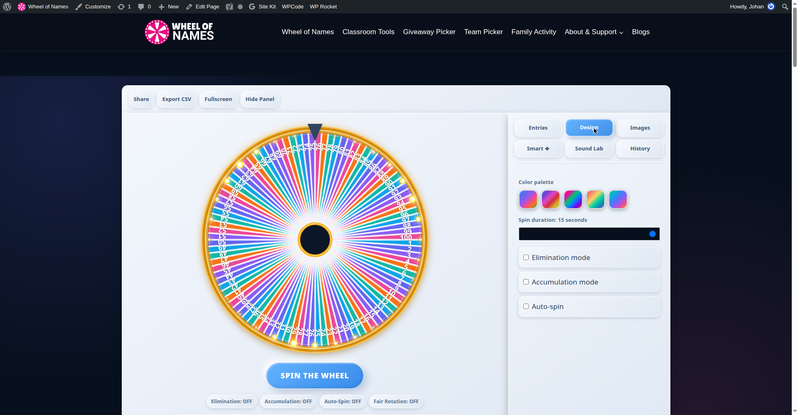 Design panel with color palettes and spin duration slider