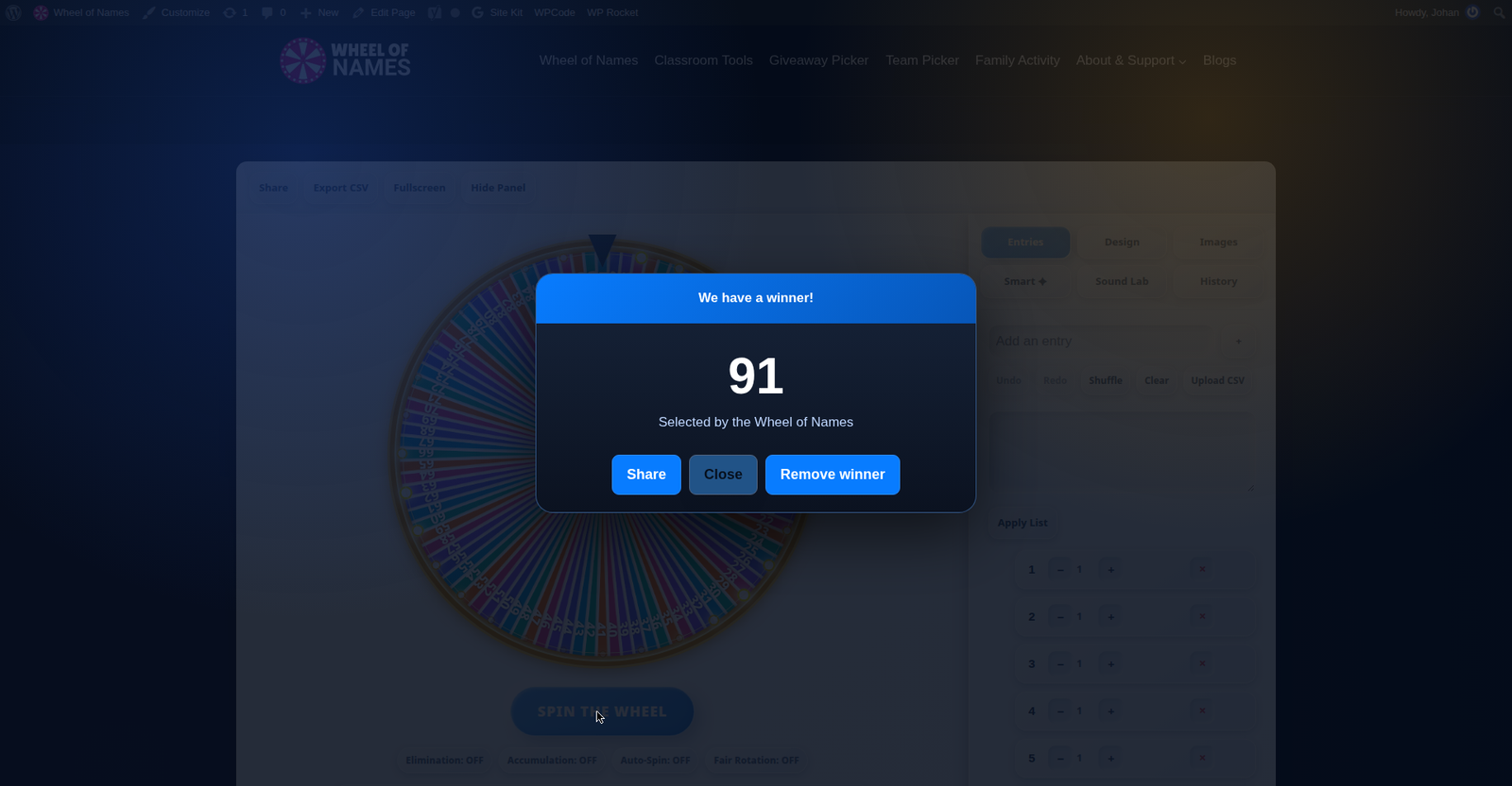 Winner popup showing number 91 selected
