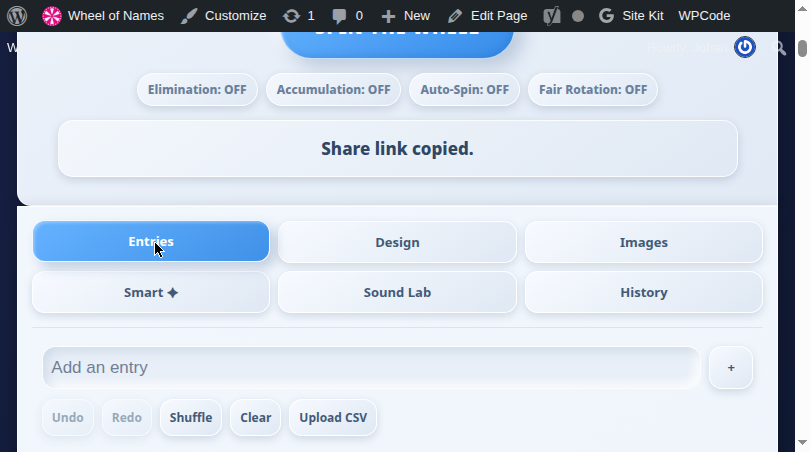 Share button copies link with confirmation